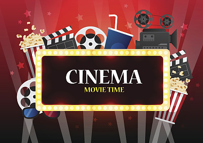 电影电影海报设计。矢量模板横幅展示与座位，爆米花，票图片下载