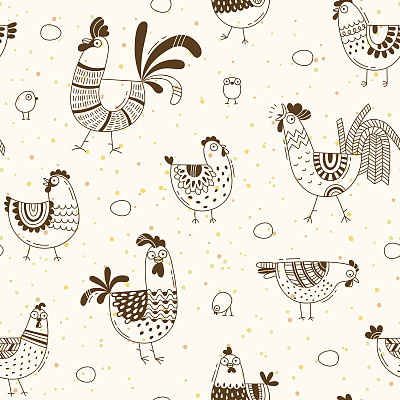 无缝图案与鸡、公鸡、鸡蛋卡通风格，线条艺术。背景设计涵盖产品包装，广告横幅，卡片素材图片
