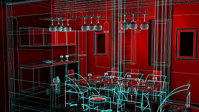 厨房效果图设计，三维线框渲染图片下载