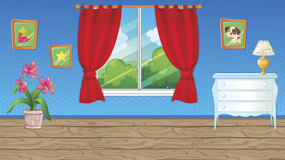 红色窗帘的蓝色房间图片下载