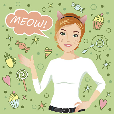 小女孩说喵。素材图片