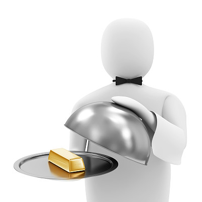 3d男服务员用银托盘上的金色酒吧图片下载