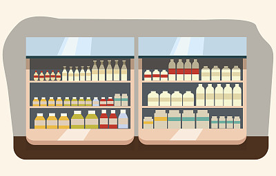 乳品部、超市牛奶货架用新鲜健康食品，大选择有机农产品在食品店内部销售，店内用酸奶和奶酪矢量插图素材图片