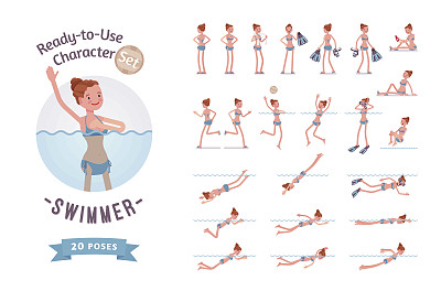 Ready-to-use女游泳运动员角色设置，各种姿势和情绪素材图片