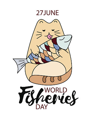 渔场日手绘插图。有趣的卡通猫与鱼图片为世界渔民日贺卡，横幅，网络等。向量图片下载