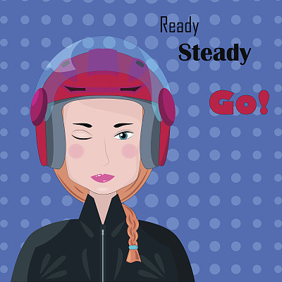 红发骑摩托车的女孩在头盔，矢量插图在平坦的风格。图片下载