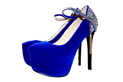 女式高跟鞋时尚，蓝色，灯芯绒。绝缘。图片下载