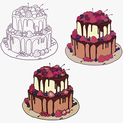 用草莓、樱桃、蓝莓和巧克力做三份蛋糕图片下载