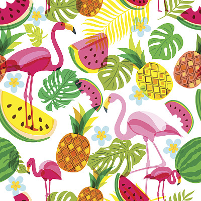 矢量无缝热带模式与粉红色火烈鸟，棕榈叶，西瓜和菠萝。夏天的插图。图片下载