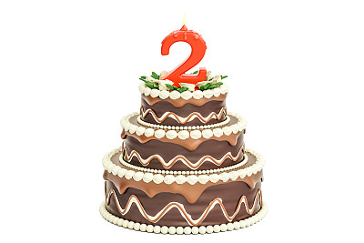 巧克力生日蛋糕与蜡烛2号，3D渲染孤立的白色背景图片下载