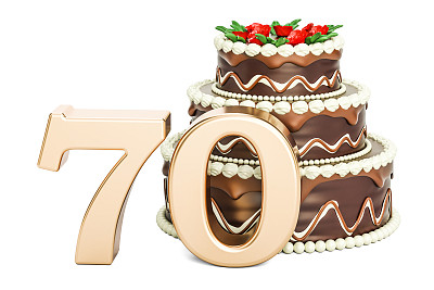 巧克力生日蛋糕与金色数字70,3D渲染孤立的白色背景图片下载