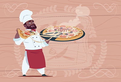 非裔美国厨师厨师拿着披萨微笑卡通首席在白色餐厅制服在木制纹理的背景图片下载