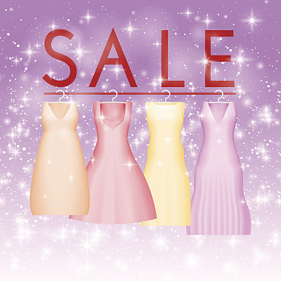 夏季销售背景与生动的派对服装。矢量背景的旗帜，海报，传单，卡片，明信片，封面，小册子。四件附有销售文字的舞会礼服。婚纱清仓折扣图片下载