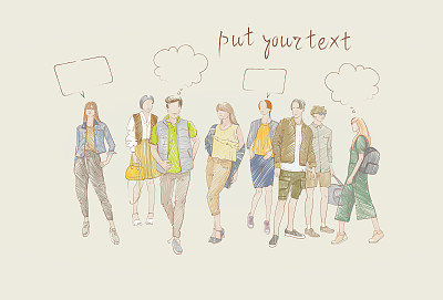 服装的时装收集集的男和女模特穿着时髦的服装素描图片下载