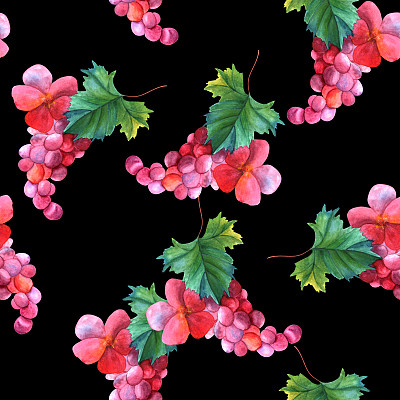无缝图案与水彩葡萄藤和玫瑰图片下载