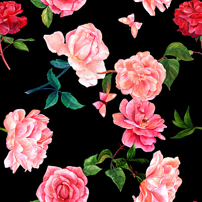 无缝图案的水彩花和蝴蝶上的黑色素材图片