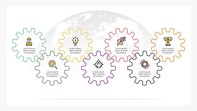 业务信息图。演示有8个步骤，齿轮。向量模板。素材图片