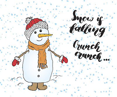 冬季的字母引用雪。手写书法的迹象。手绘矢量插图雪人，孤立在白色。图片下载