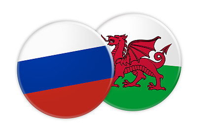 新闻概念:俄罗斯国旗按钮在威尔士国旗按钮，3d插图在白色的背景图片下载