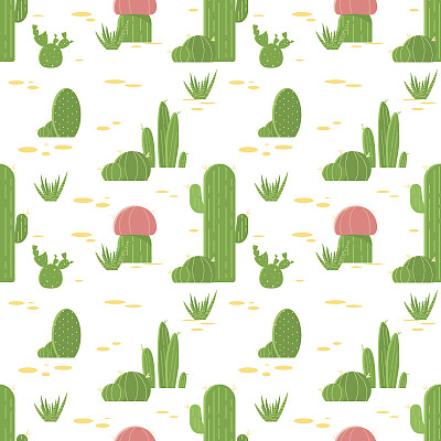 仙人掌和多肉植物的无缝模式。扁平设计的仙人掌孤立在白色的背景。矢量插图。素材图片