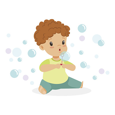 可爱的小男孩坐着吹泡泡矢量插图图片下载