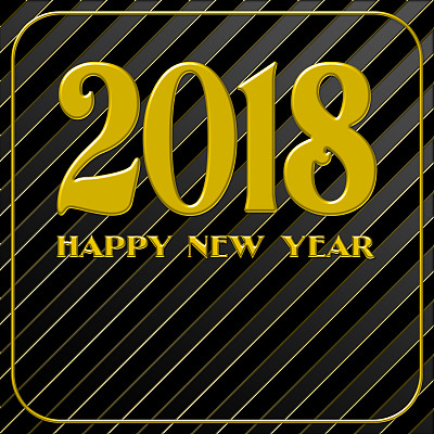 抽象的黑色背景。对角线和条纹，中间有一点金色。2018年黑色背景上的金色文字。恭贺新年的请柬、贺卡、印刷品和海报。图片下载