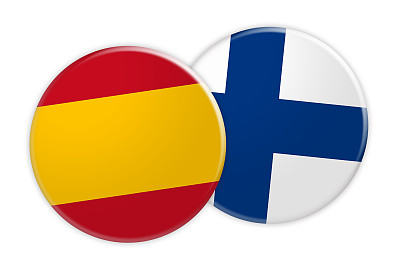 新闻概念:西班牙国旗按钮芬兰国旗按钮，3d插图在白色的背景图片下载