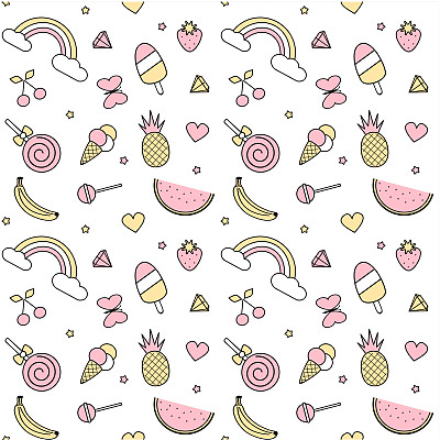 可爱的彩色无缝矢量图案背景插图与菠萝，彩虹，樱桃，草莓，冰淇淋，星星，心形，棒棒糖，钻石，香蕉，西瓜和蝴蝶图片下载