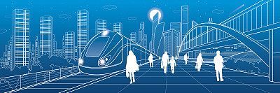 交通基础设施全景，人们在火车站等待火车，机车移动，人行桥，现代城市背景，商业建筑，城市天际线，矢量设计艺术图片下载