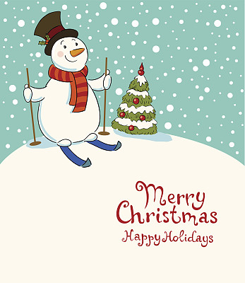 滑雪板上的雪人，温馨的复古圣诞贺卡图片下载