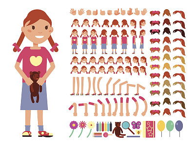 卡通可爱的小女孩角色。带有不同情绪和身体部位的向量创建构造器素材图片