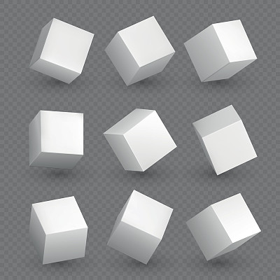 3D立方体特写，带阴影的白色立方体或盒子矢量图素材图片