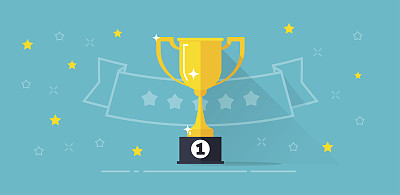 优胜者奖旗帜矢量插图，平面卡通奖杯金杯与一等奖和线轮廓丝带与星星，比赛奖励，胜利，冠军素材图片