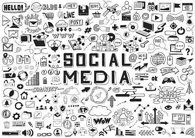 手绘社交媒体对象集。收集标志和符号涂鸦元素。黑白插图。素材图片