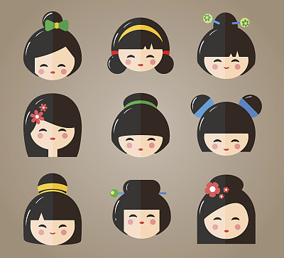 日本Kokeshi娃娃头，矢量图标图片下载