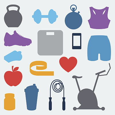 运动和健身图标设置在平坦的风格。图片下载