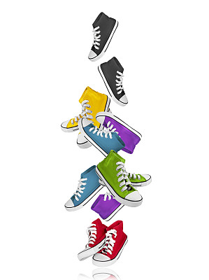 彩色的运动鞋冻结在空气中，孤立在白色的背景图片下载