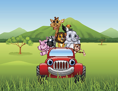 卡通动物非洲在红色的汽车里素材图片