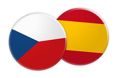 新闻概念:捷克共和国国旗按钮上的西班牙国旗按钮，白色背景上的3d插图图片下载