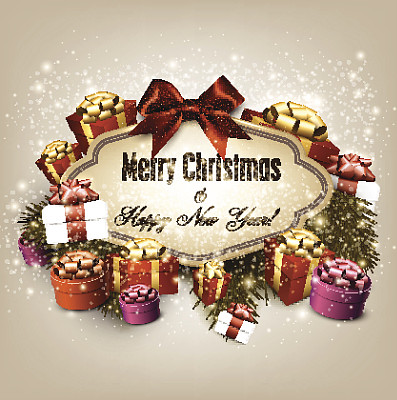 华丽的圣诞礼品卡与丝带和圣诞礼盒图片下载