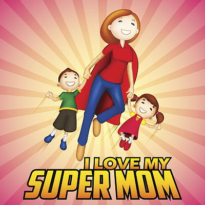 在母亲节快乐卡片上有孩子的超级妈妈图片下载