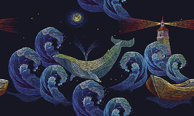 绣鲸、灯塔、海浪、小船无缝图案。艺术刺绣，大浪海洋，灯塔和鲸鱼无缝图案。服装模板，t恤设计素材图片