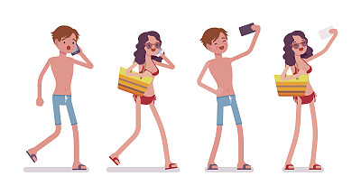 穿着沙滩装的男人和女人，自拍，打电话图片下载