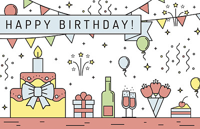 生日快乐多彩横贺卡。图片下载