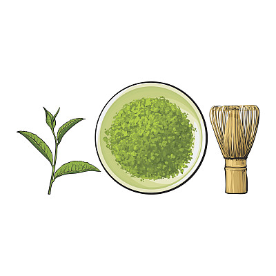 手绘抹茶粉、茶筅和茶叶碗素材图片