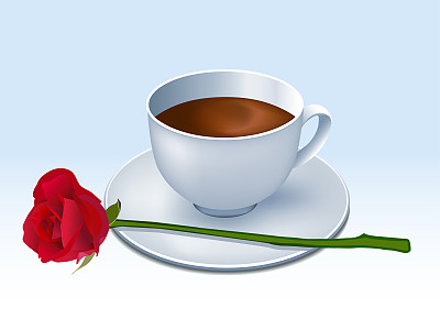 矢量咖啡杯与红色唇印和玫瑰花图片下载