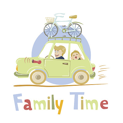 父子俩开着车旅行，车顶上装着自行车图片下载