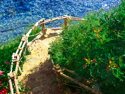 这是一条风景如画的通往海边的楼梯，夏天的时候。具有油画效果的照片。图片下载