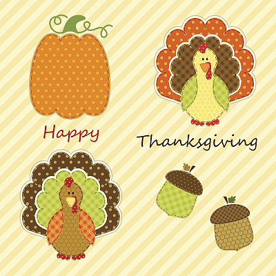 可爱的感恩节元素复古织物贴花在传统的颜色图片下载