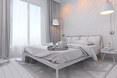 现代风格的卧室室内设计的3d渲染。图片下载